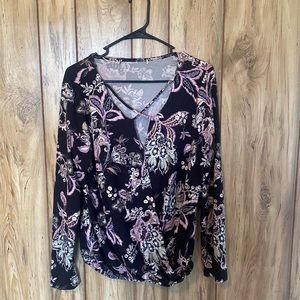 Black and purple criss cross long sleeved blouse